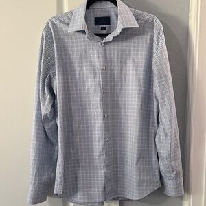 David Donahue Trim Fit Blue Windowpane Check Dress Shirt 16 34/35 100% Cotton